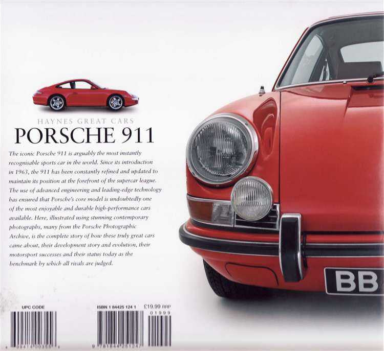 Porsche 911 book back cover with close-up of red headlights and descriptive text blocks