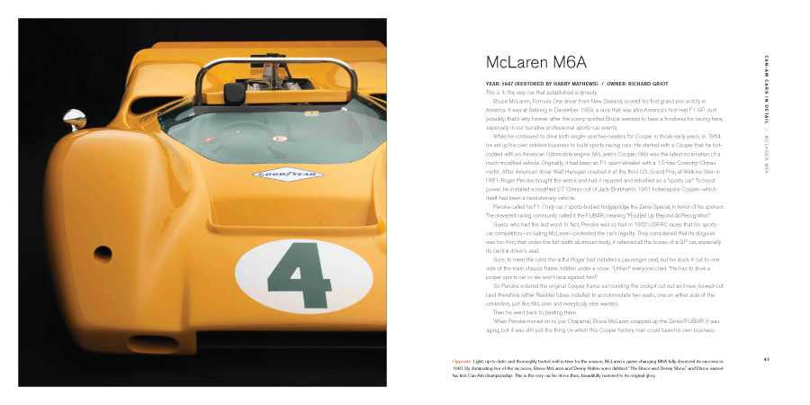 Racing book spread with orange McLaren M6A photo and text page
