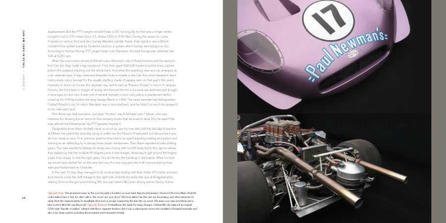 Racing book page with purple car nose and exposed engine components