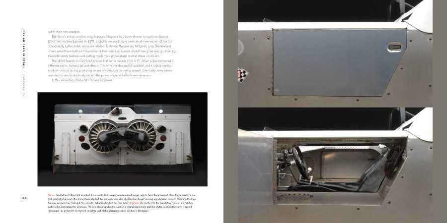 Racing book spread showing open rear bay with cooling fans and frame