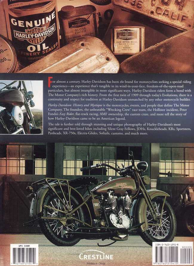 Harley-Davidson history book back cover with motorcycle photo and text block