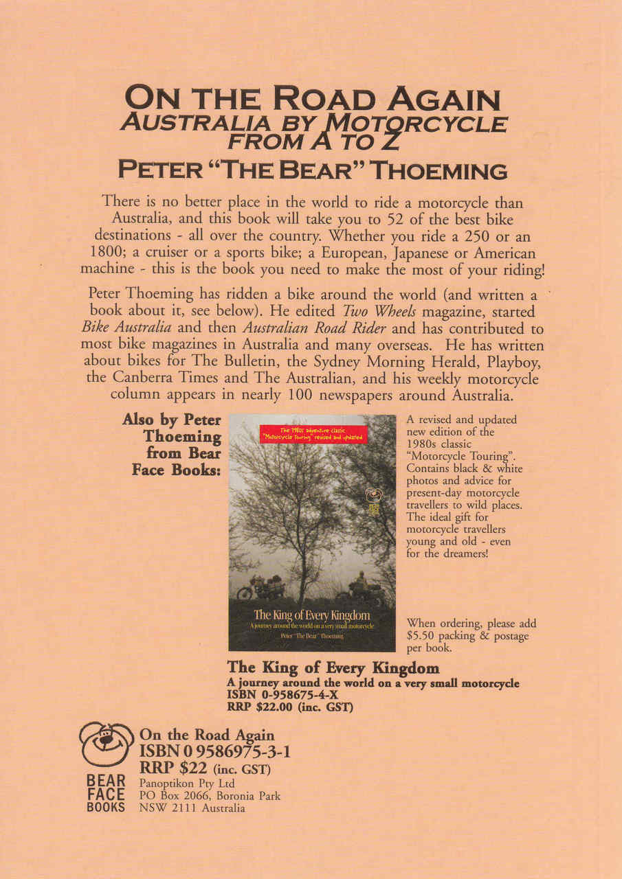 Motorcycle travel guide book back cover with synopsis, author name, and barcode.