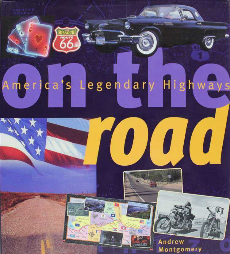 Highways travel book cover with vintage car, route map photos, and road title text.