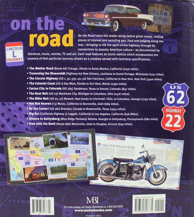 Travel book cover with vintage car, highway route map, and route numbers 62 and 22.