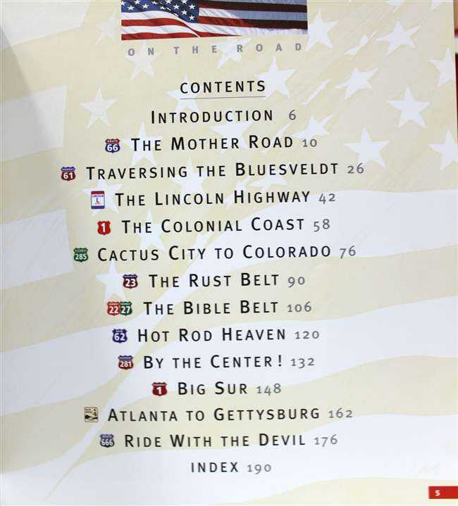 Book contents page listing highway chapters like The Mother Road and Lincoln Highway.