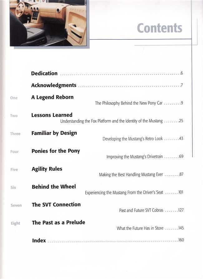 Mustang 2005 book contents page with section titles and page numbers