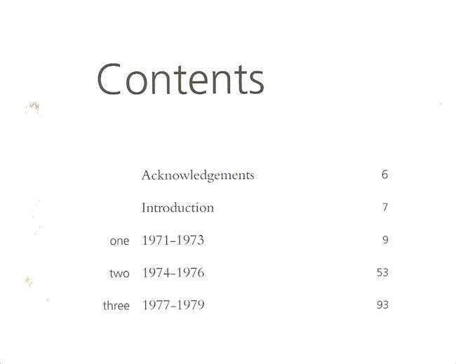 Book contents page with section headings and page numbers