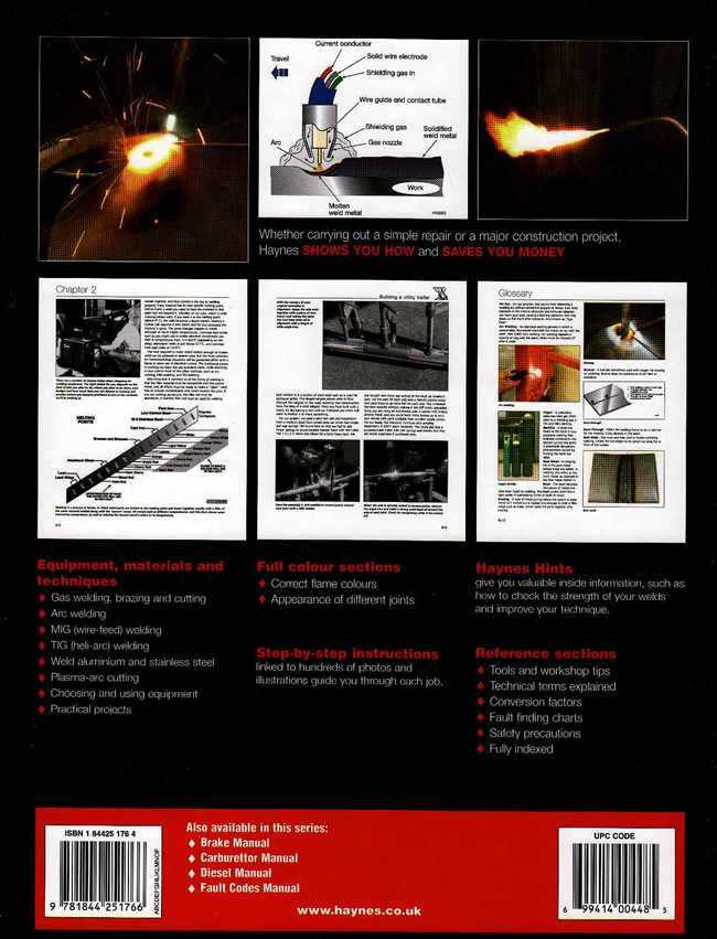 Haynes welding manual back cover with sections on oxy-acetylene, MIG, and TIG