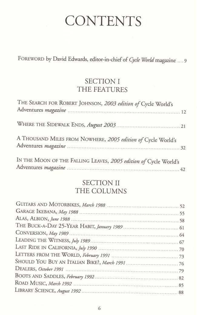 Motorcycling story book contents page with section headings and page numbers