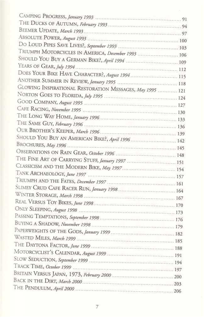 Motorcycling story book section page with entry list and page numbers