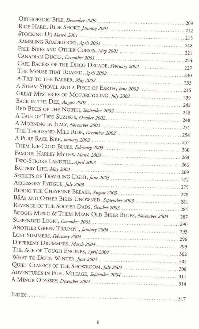 Motorcycling story book index page with alphabetical entry list and page numbers