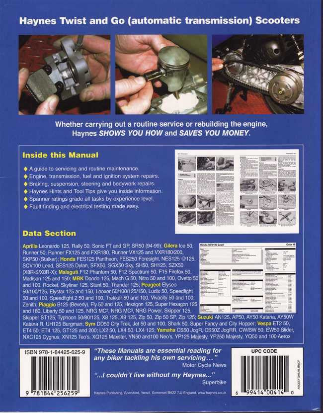 Scooter repair manual for 50–250cc carburettor engines with automatic transmission
