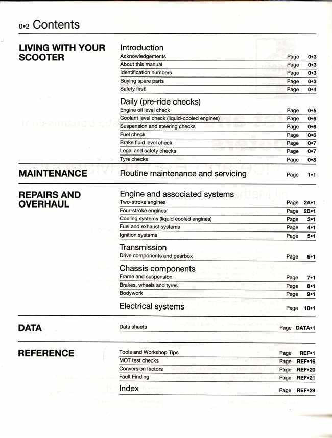 Scooter service manual contents page listing daily checks, maintenance, repairs and data