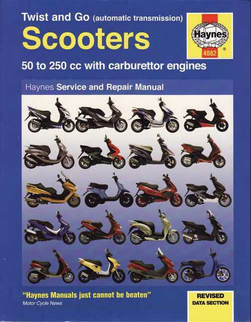 Scooters 50–250cc carburettor service manual cover with scooter lineup