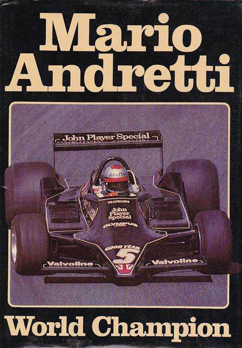 Racing book cover with Mario Andretti title text and front view of race car