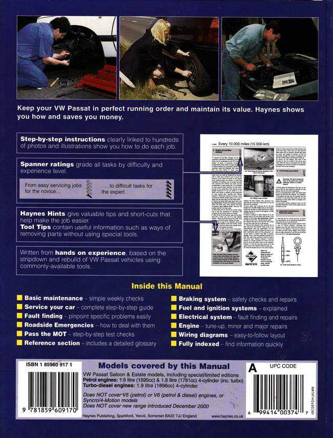 Workshop manual back cover with barcode and quick maintenance highlights