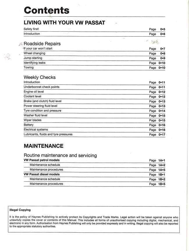 Workshop manual contents page listing maintenance and checks topics
