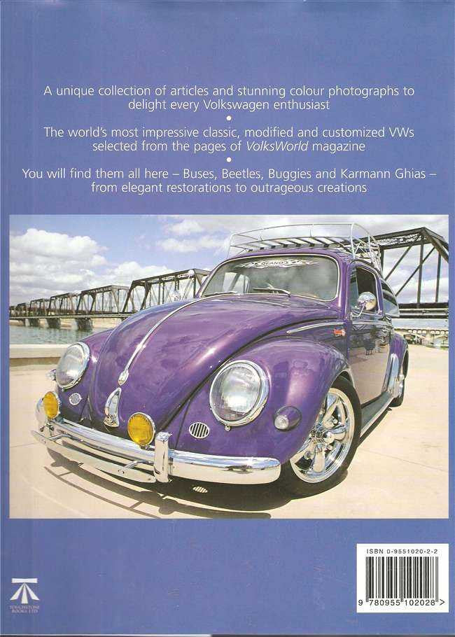 Volkswagen photo book page with purple Beetle on beach and descriptive text