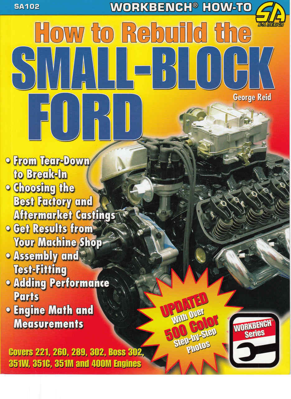 Engine rebuild guide book cover with large blue title and color engine artwork