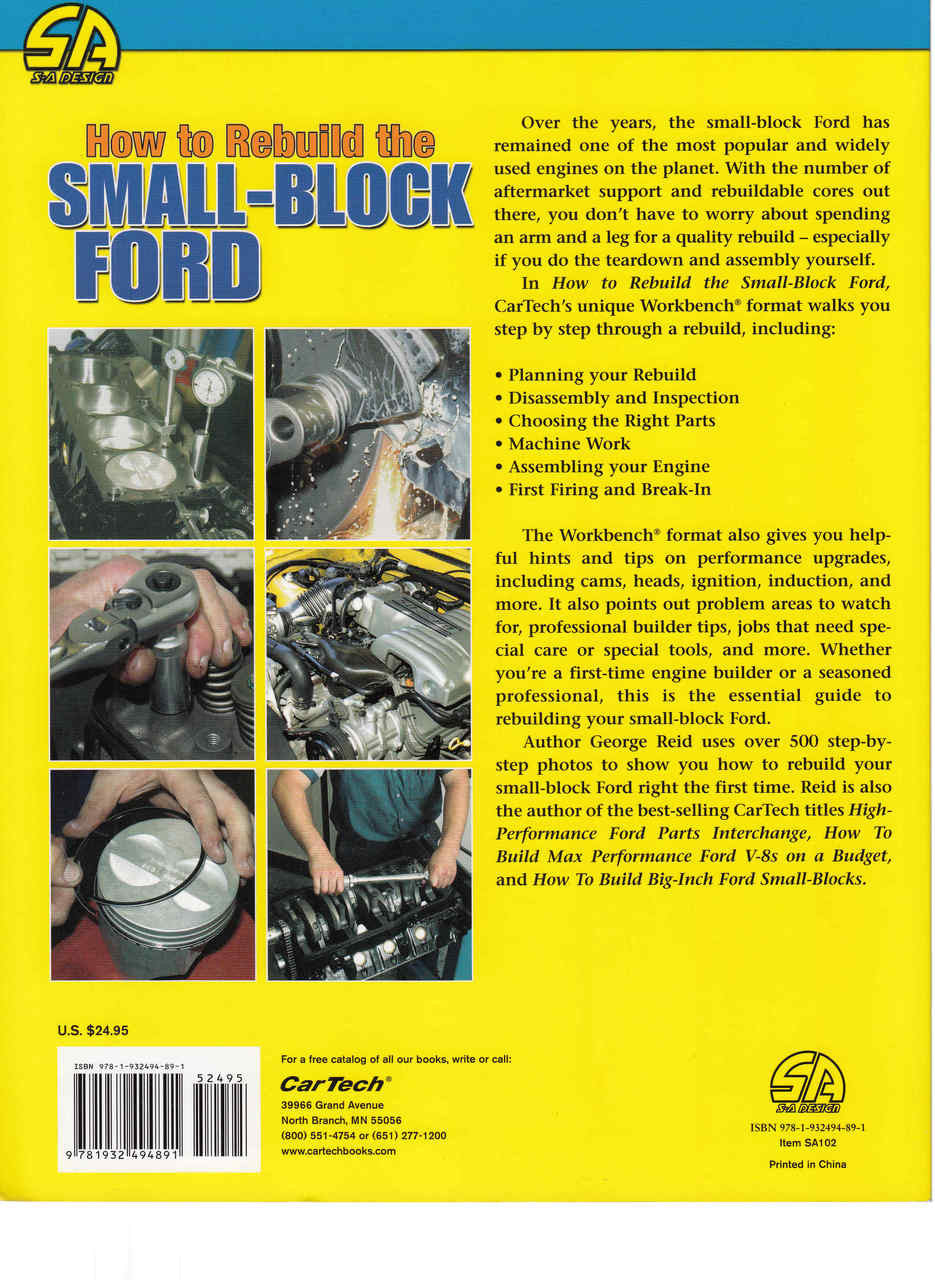 Automotive engine rebuild guide book cover with engine photos and bold yellow title text