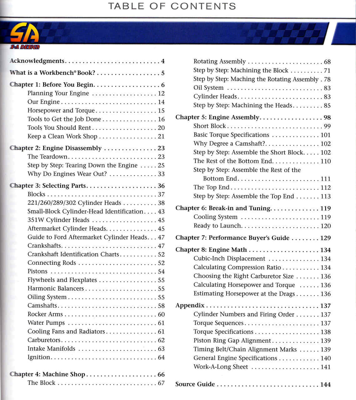 Automotive repair book, table of contents page with headings and step listings