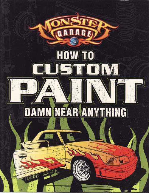 Custom paint book front cover with Monsters Garage logo and red hot-rod graphic