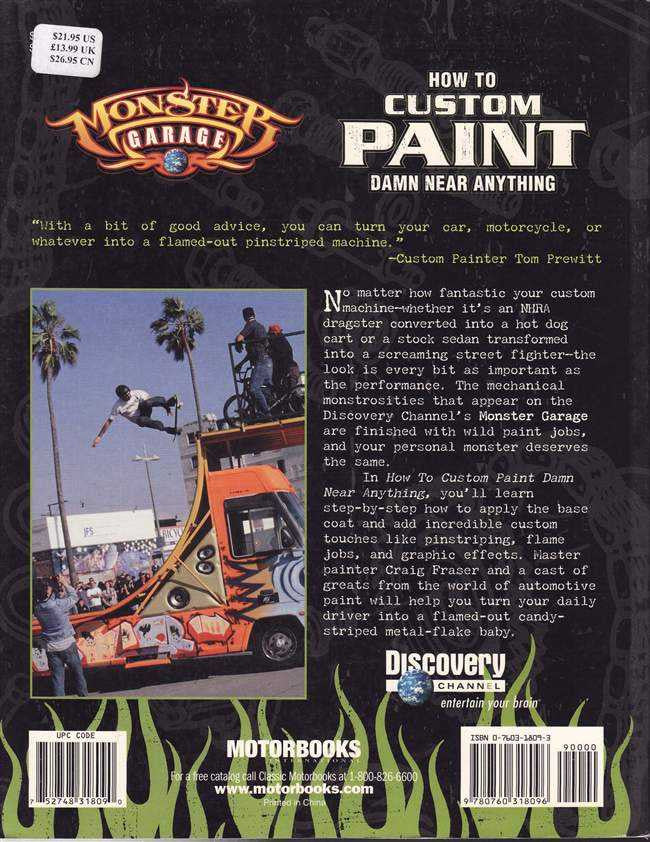 Custom paint book back cover with motorcycle illustration and text blocks
