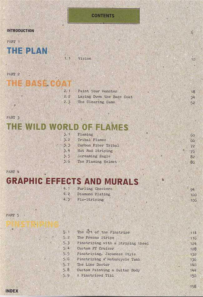 Custom paint book contents page with section headings and numbered topics