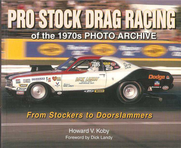 Front cover of drag racing photo book with car image, title, and author name
