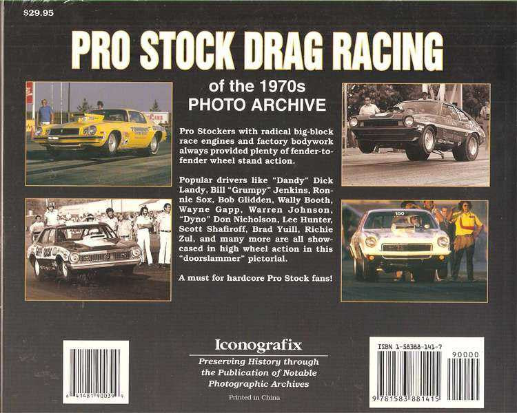 Back cover of racing photo book with multiple car photos, text blocks, and barcode