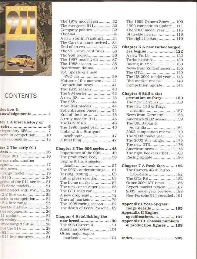 Porsche 911 book contents page with chapter list and index columns