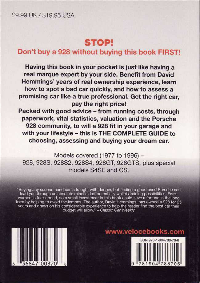 Porsche 928 essential buyer's guide book back cover with STOP message and barcode