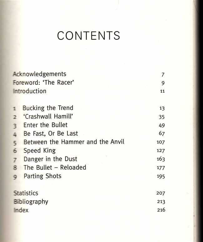 Book contents page with sections and page numbers
