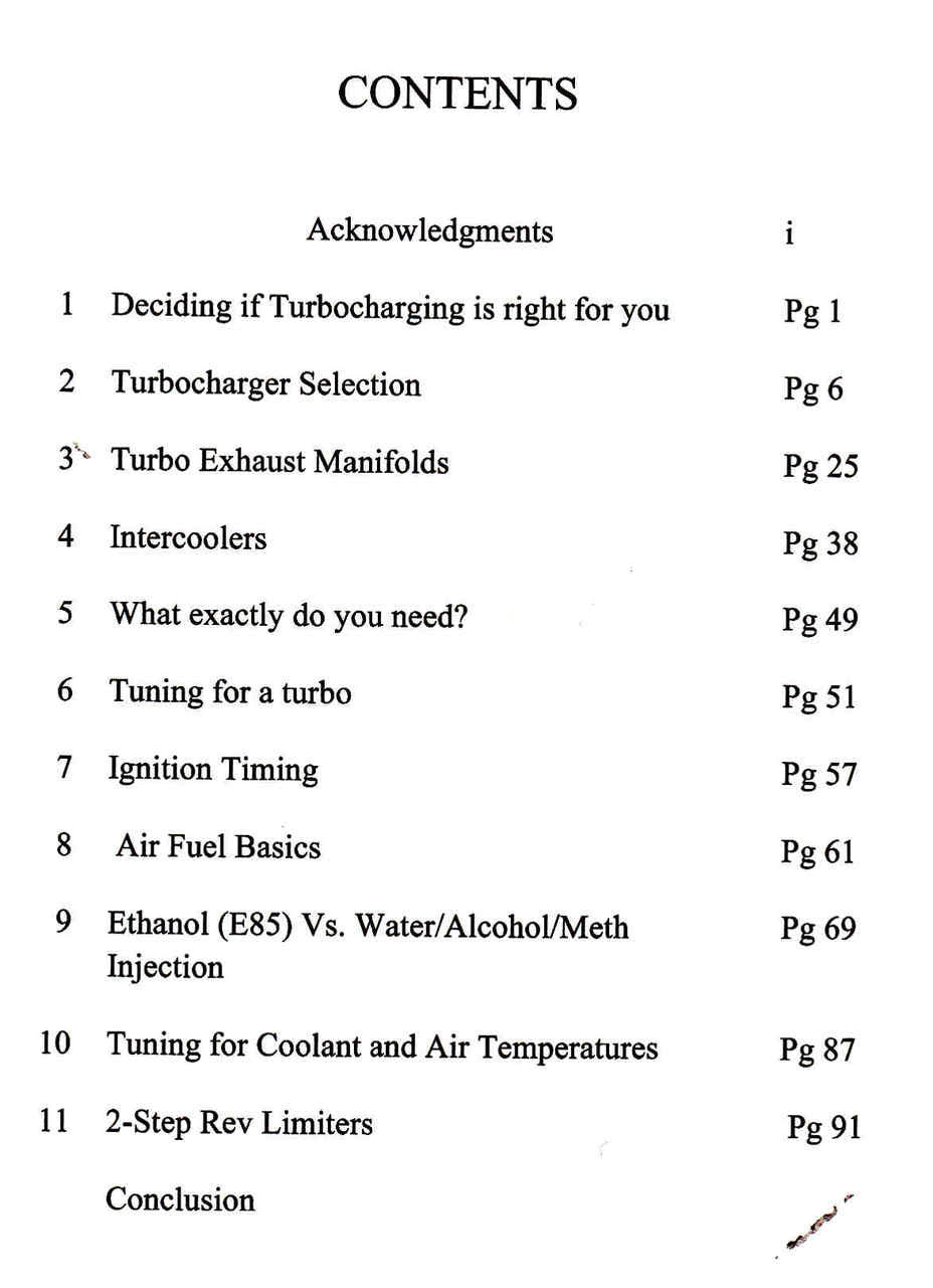 Engine tuning book contents page with section list and page numbers