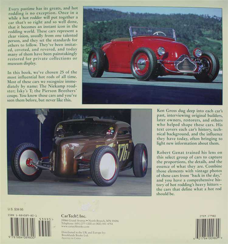Book page with photo of a red classic hot rod car and surrounding text blocks
