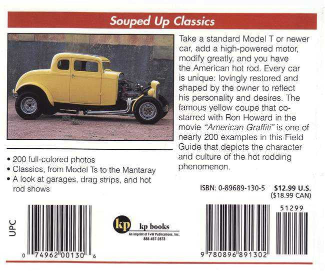 Field guide book back cover with yellow vintage hot rod photo and summary text