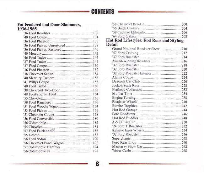 Field guide book contents page listing hot rod sections in two columns