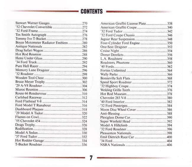 Field guide book contents page with two-column model names under CONTENTS