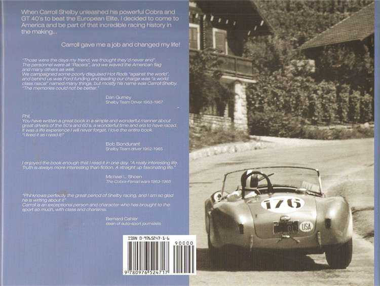 Motorsport book back cover with vintage race car photo and barcode