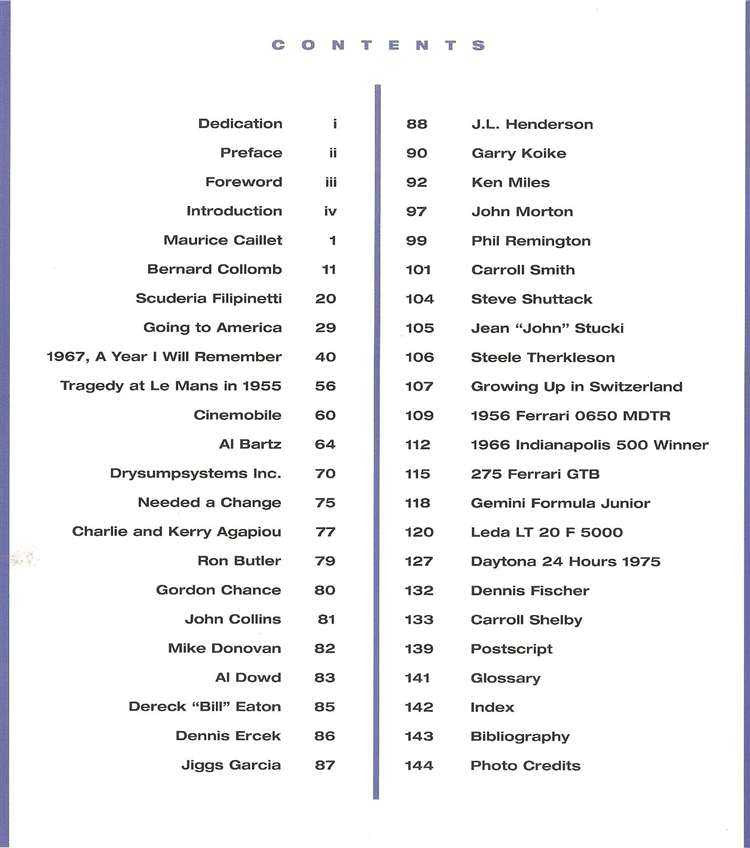 Motorsport book contents page with dedication and author listing