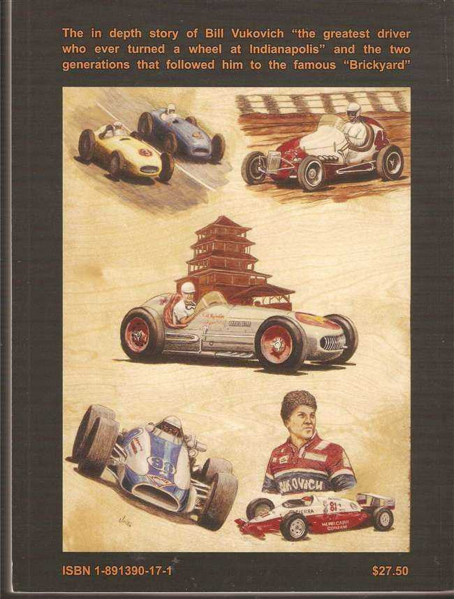 Vukovich book cover collage of classic race cars and driver text