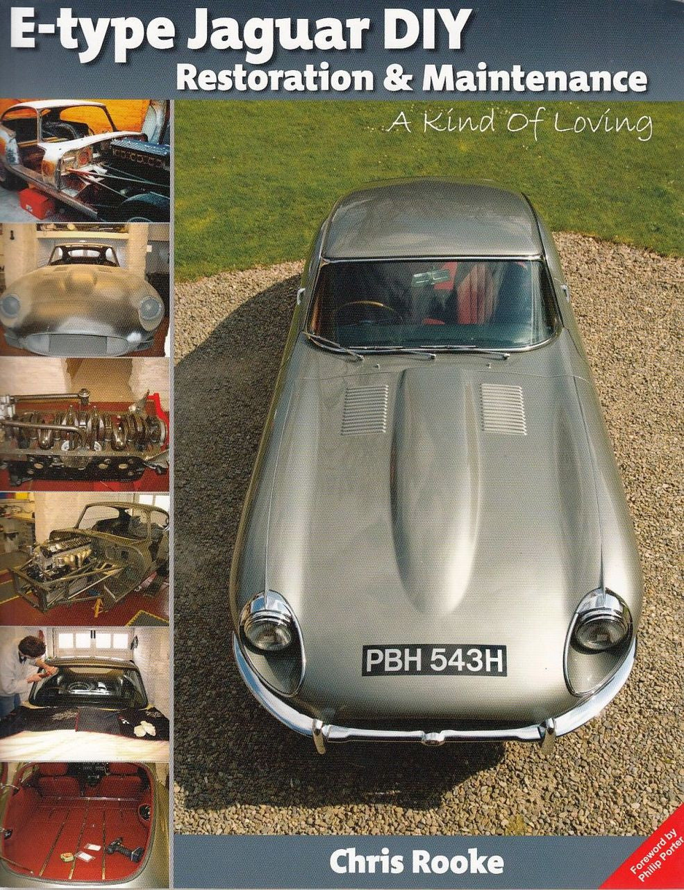 E-type Jaguar restoration and maintenance book cover, front view classic car on gravel