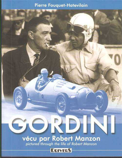 GORDINI book cover with two men beside a blue race car and helmet
