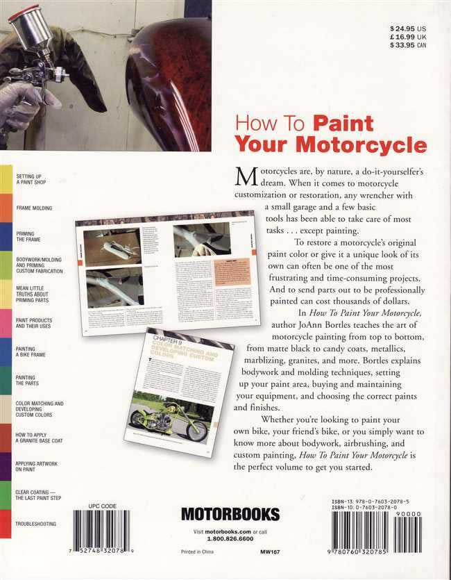 Instructional motorcycle painting book back cover with text blocks and graphics