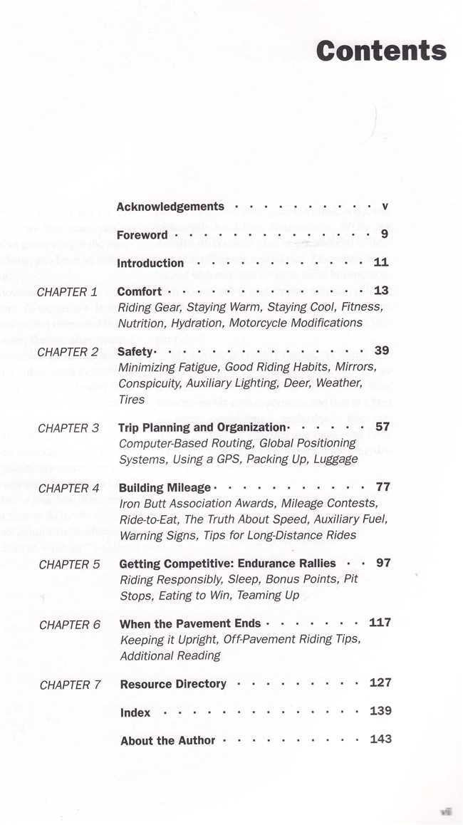 Motorcycling guidebook contents page with chapter list and page numbers