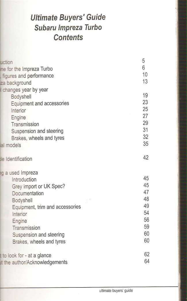 Subaru Impreza Turbo ultimate buyers guide contents page with section list