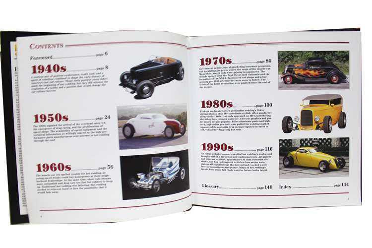 Open hot rods history book pages with 1940s–1990s headings and car photos