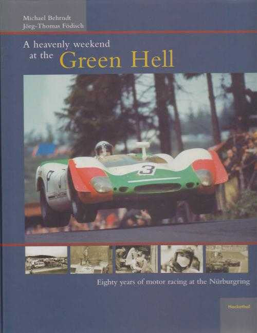 Book cover with race car photo and 'Green Hell' title text