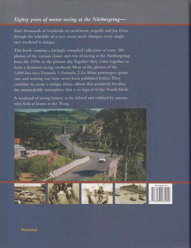 Book back cover with racing cars collage, blue background, barcode area