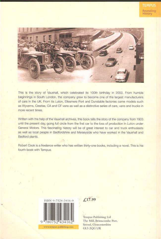 Automotive history book back cover with text, ISBN, and price